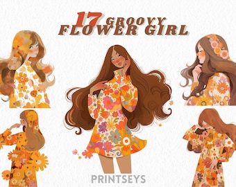 60 年代のヒッピー フラワー ガール クリップアート バンドル、明るい黄色のクリップアート、花柄の png、ファッション クリップアート、スクラップブッキング、レトロ ファッション、ヴィンテージ
