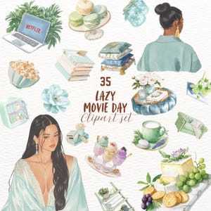 May include: Watercolor illustration of a "Lazy Movie Day" clipart set. The image features a laptop with the Netflix logo, popcorn, macarons, books, pillows, a mini-fridge, and a woman. The text "35 LAZY MOVIE DAY Clipart set" is also included.