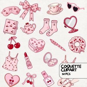 Könnte beinhalten: Eine Sammlung von rosa Coquette-Themen-Cliparts. Das Bild zeigt eine Schlafmaske, eine Schleife, eine Teetasse, herzförmige Sonnenbrillen, ein Notizbuch, eine Teekanne, Socken, einen Spiegel, Kirschen, eine herzförmige Schachtel, einen Stift, ein Scrunchie, ein Camisole, Lippenstift, einen Kompaktspiegel, einen BH, Nagellack und Ballerinas.