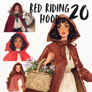 Pegatinas digitales de Caperucita Roja de fantasía vintage, clipart de acuarela, pegatinas de GoodNotes, juego de diario digital de cuento de hadas, transparente