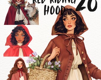 Può includere: Un'illustrazione digitale di una giovane donna che indossa un mantello rosso con cappuccio e porta un cesto di fiori. Il testo "RED RIDING HOOD 20" è scritto sullo sfondo.