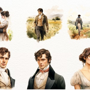 May include: Watercolor illustrations depicting scenes from a period drama. The images feature couples embracing, individuals walking in fields, and portraits of people in period attire. The color palette includes soft greens, browns, and blues.