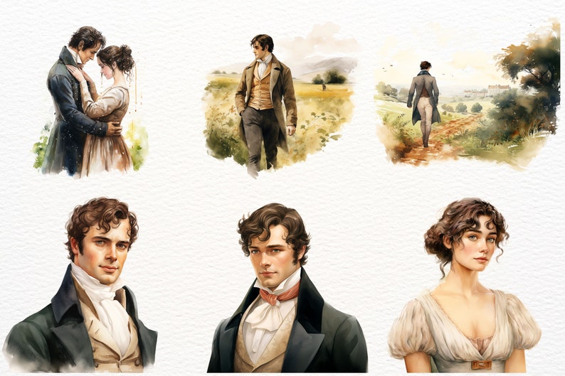 May include: Watercolor illustrations depicting scenes from a period drama. The images feature couples embracing, individuals walking in fields, and portraits of people in period attire. The color palette includes soft greens, browns, and blues.