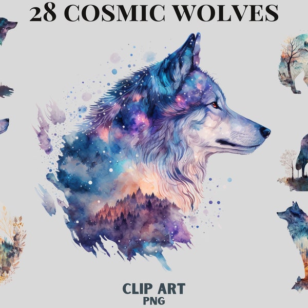 Watercolour style Cosmic Wolves clipart bundle , celestial wolf, png, animal clipart, fantasy clipart, mystical wolves