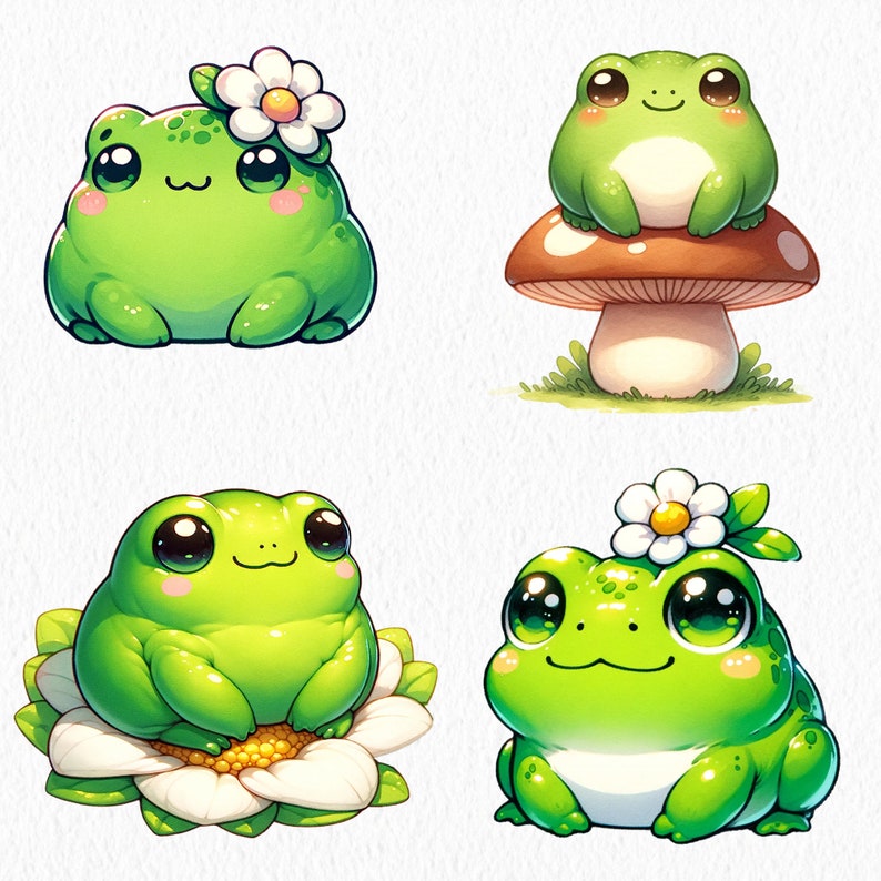 May include: Four cartoon frogs with big eyes and smiles. One frog is wearing a flower on its head and sitting on a white flower. Another frog is sitting on a mushroom. The other two frogs are sitting on the ground.