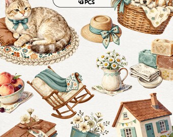 Watercolor Cozy Cottage Clipart, Cottagecore Clip Art, Rustic ClipArt, Planner Stickers, Vintage PNG, Digital Download, Commercial Use