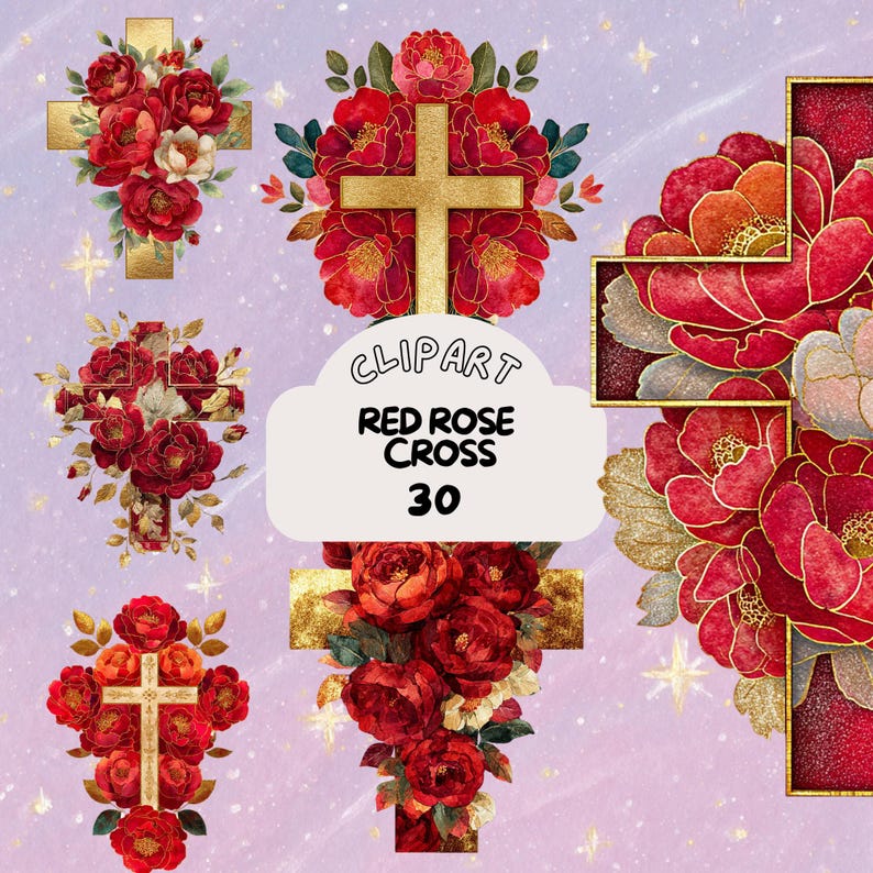 Red Roses Cross Red Rose Cross Decor Set Clipart Bundle Vintage Sticker Set Goodnote ...