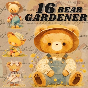 Cute Vintage Bear Gardener digital sticker, kawaii bear png, fairytale transparent,instant download, gardener clipart, retro teddy bear png