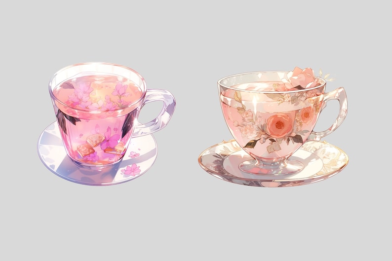 Op de afbeelding: Twee glazen theekopjes gevuld met roze vloeistof en bloemelementen, rustend op bijpassende schotels. E&eacute;n kopje heeft drijvende roze bloemen en ijsblokjes, de andere heeft rozen- en bloempatronen. De kopjes hebben heldere, facetgeslepen handvatten.
