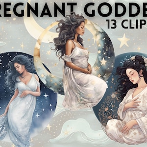 Bundle de cliparts aquarelle déesse enceinte céleste, fantaisiste, mystère, galaxie et étoiles, fantaisie, téléchargement immédiat, clipart grossesse