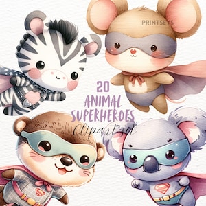 cute animal superheroe clipart set, cute superhero animals stickers, kawaii png transparent, instant download, nursery art, kids pod graphic