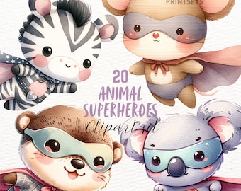 schattige dieren superheld clipart set, schattige superheld dieren stickers, kawaii png transparant, instant download, kinderkamer kunst, kinder pod afbeelding