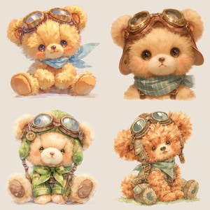Söt vintage nallebjörn pilot digitalt klistermärke, vintage flygplan clipart paket, transparent clipart, omedelbar nedladdning, vintage nalle leksaksflygplan bild 5