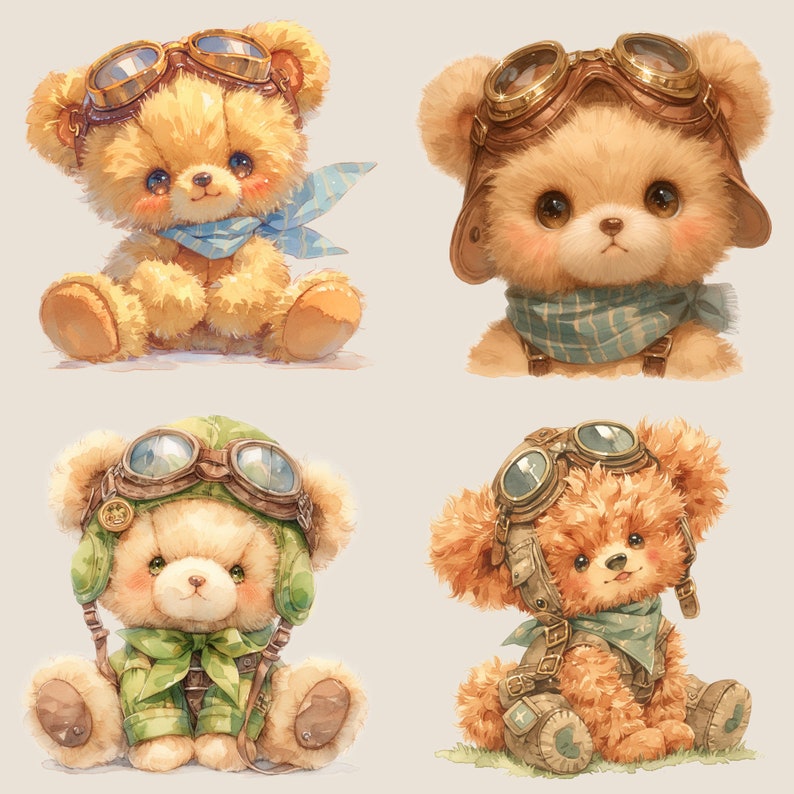 Söt vintage nallebjörn pilot digitalt klistermärke, vintage flygplan clipart paket, transparent clipart, omedelbar nedladdning, vintage nalle leksaksflygplan bild 5