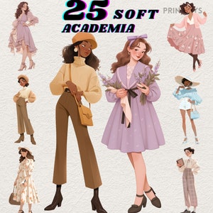 Paquete de imágenes prediseñadas de traje de moda Romantic Light Academia, pegatina digital, diario, transparente femenino, descarga instantánea, moda vintage