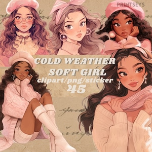 Weiches Mädchen Outfit digitale Aufkleber, feminines Herbst Winter Journaling, romantisches girly png, wunderliche Aufkleber, transparent, Scrapbooking, Bücherwurm