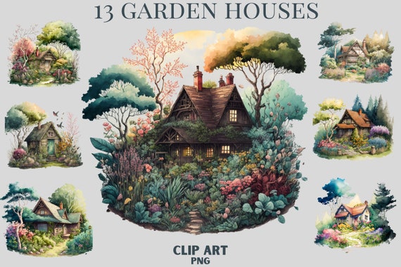 Watercolour magical garden house clipart bundle, Cabin Png, House clipart, Hiking Clipart, Woods clipart, Scrapbooking.