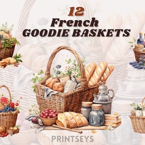 Aquarelle panier de produits alimentaires français clipart bourgeon, clipart cottagecore, clipart rustique, clipart nourriture, clipart vintage, clipart français