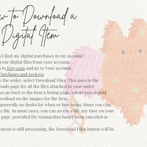 May include: An instructional graphic titled How to Download a Digital Item, detailing steps to access files on Etsy.com via the Purchases and reviews section. The text is overlaid on a light background featuring a pale orange, fringed pi&ntilde;ata illustration.