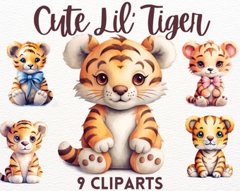 Watercolour Cute Adorable tiger clipart bundle, baby tiger, nursery clipart, animal clipart, kids clipart, cute clipart
