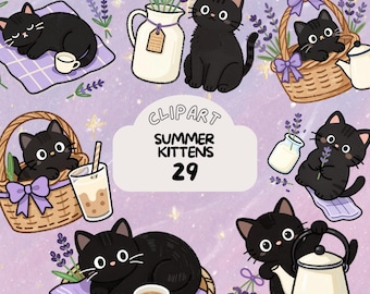 Pegatinas digitales de gatitos negros lavanda, clipart de gatos florales planos 2D, pegatinas de GoodNote, png lindo, juego de diario digital de gatos, transparente