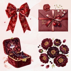 May include: A collection of burgundy-colored items, including a velvet bow with cherry accents, an envelope with the text "Heice, Leve", a jewelry box with a ballerina illustration, and a bouquet of dark red peonies.
