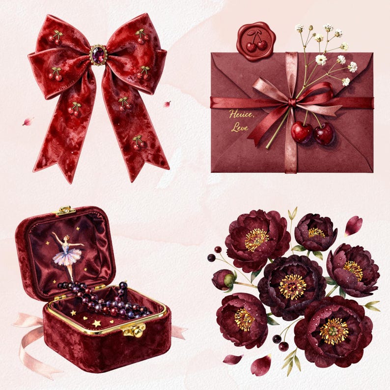 May include: A collection of burgundy-colored items, including a velvet bow with cherry accents, an envelope with the text "Heice, Leve", a jewelry box with a ballerina illustration, and a bouquet of dark red peonies.