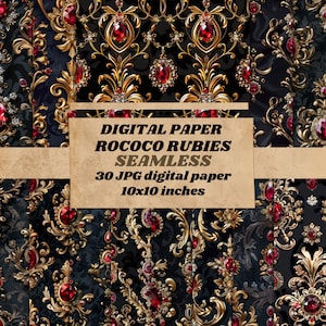 Barock-Gold-Rubin-Muster Digitales Papier, Vintage-Rokoko-Rauten, nahtloser Scrapbooking-Hintergrund, Vintage-Schwarz und Gold, sofortiger Download