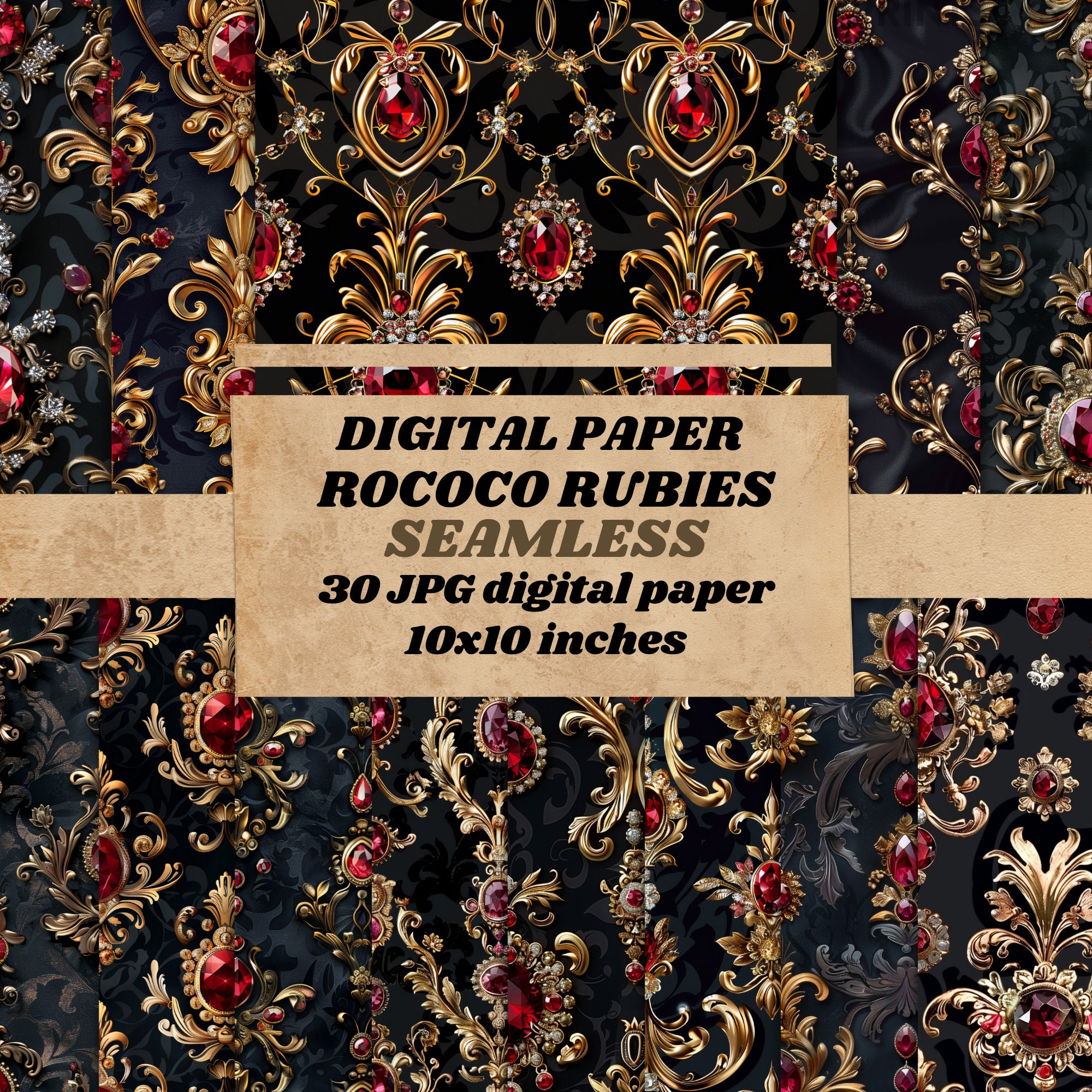 Baroque Gold Ruby Pattern Digital Paper,vintage Rococo Diamond Seamless ...