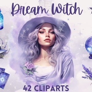 Lawendowy sen Witch Clipart Bundle, czarownica clipart png, magiczna sztuka clipart, mistyczne clipart, czarownictwo clipart, pogański png, wiccan, marzycielski