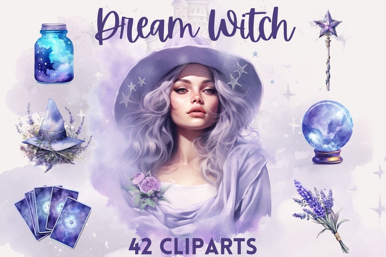 May include: A set of 42 watercolor clipart illustrations featuring a purple-haired witch with a lavender hat, a crystal ball, a magic wand, a jar with stars, a witch's hat with lavender, a deck of tarot cards, and a bouquet of lavender. The text "Dream Witch" and "42 Cliparts" are also included in the image.