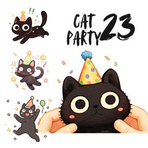 Cute Black Cat Party Watercolor Clipart Set Kitten friends Digital Stickers, kawaii cute PNG, Planner Graphics Instant Download Commercial