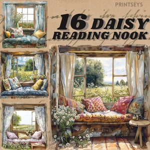 Aquarel Gezellige madeliefjelezing Nook bij het raam, clipartbundel, leeshoek met uitzicht op de tuin, instant, digitale sticker, lezen, boeken,