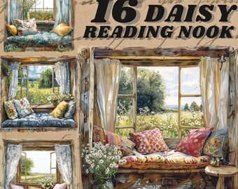 May include: A cozy reading nook with a window seat featuring a blue cushion and pillows. The window overlooks a field of flowers and a lush green landscape. The text "16 Daisy Reading Nook" is written on the wall.