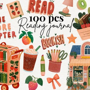 May include: A collection of 100 digital stickers featuring reading-themed illustrations including a book cart, a bookshop, books, strawberries, a peach, a raspberry, a drink, a pencil holder, bows, and text reading ONE MORE CHAPTER, READ, and BOOKISH.