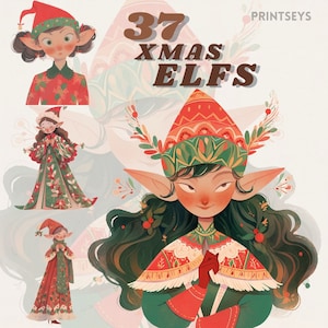 Cute Christmas elfs Clipart Bundle, Gift box clipart, holiday clipart, scrapbooking, folk art, cute,kawaii, winter clipart, floral, cartoon
