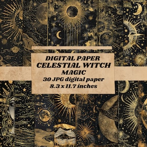 Carta digitale delle streghe celesti, carta di sfondo vintage fantasy scuro, sfondo dell'album, download istantaneo della carta magica oro wicca