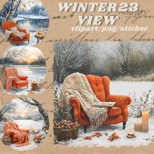 Lot de cliparts aquarelle confortable pour fenêtre avec vue hivernale, clipart enneigé, décoration hivernale, bougies, jetés, hiver douillet, cottagecore, transparent