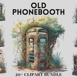 Aquarel overwoekerde oude telefooncel clipart bundel, natuur, vintage, retro, rozen, instant download