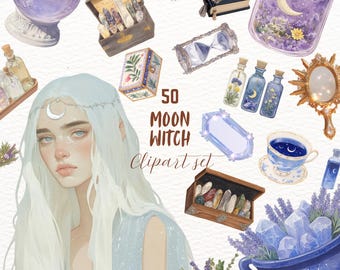 May include: A set of 50 watercolour illustrations featuring a moon witch theme. The set includes a variety of images, such as a crystal ball, a moon, a witch's hat, a cauldron, and a wand. The illustrations are perfect for creating digital or physical crafts, such as greeting cards, invitations, and scrapbooking.