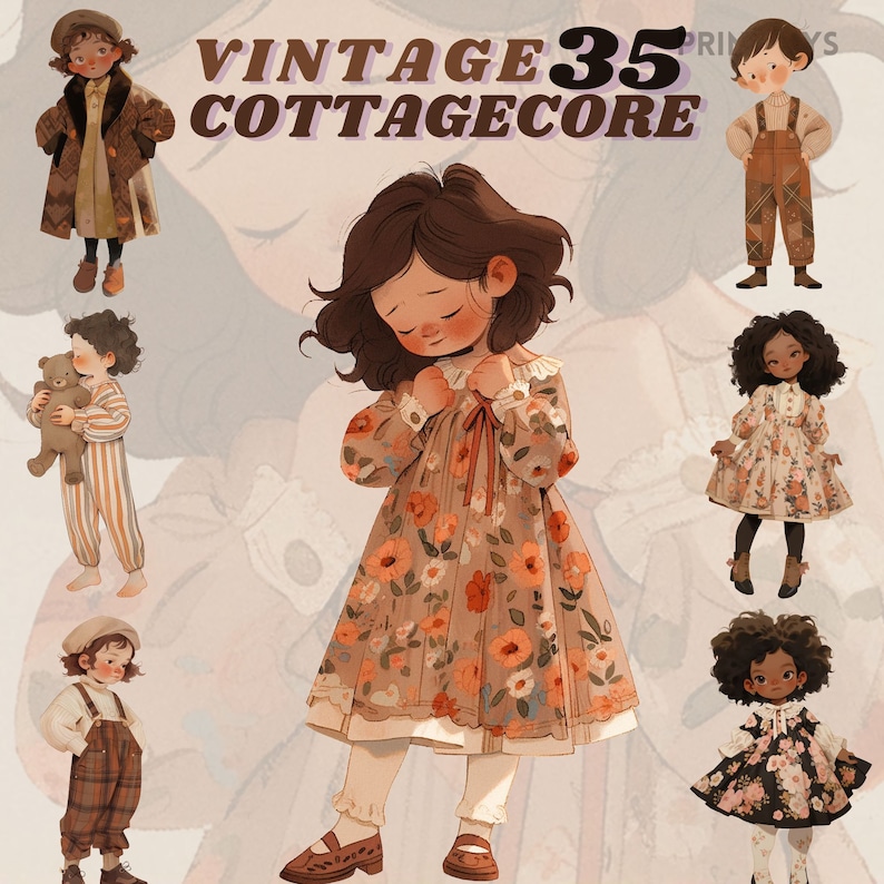 May include: A collection of illustrations of children wearing vintage clothing. The children are wearing dresses, overalls, and a striped shirt. The illustrations are in a cottagecore style and feature floral patterns and soft colors.