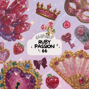 Könnte beinhalten: Eine Sammlung von Ruby-Themen-Cliparts, darunter eine Krone, ein Schlüssel, ein herzförmiges Schloss und eine Erdbeere. Das Bild zeigt rosa und goldene Akzente mit dem Text "CLIPART RUBY PASSION + 66" in einem wolkenförmigen Design.