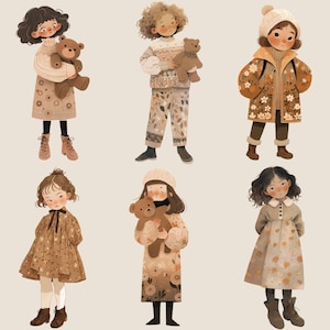 May include: Six illustrations of girls wearing different outfits and holding teddy bears. The girls are wearing brown, white, and beige clothing with floral patterns. The teddy bears are brown and white.