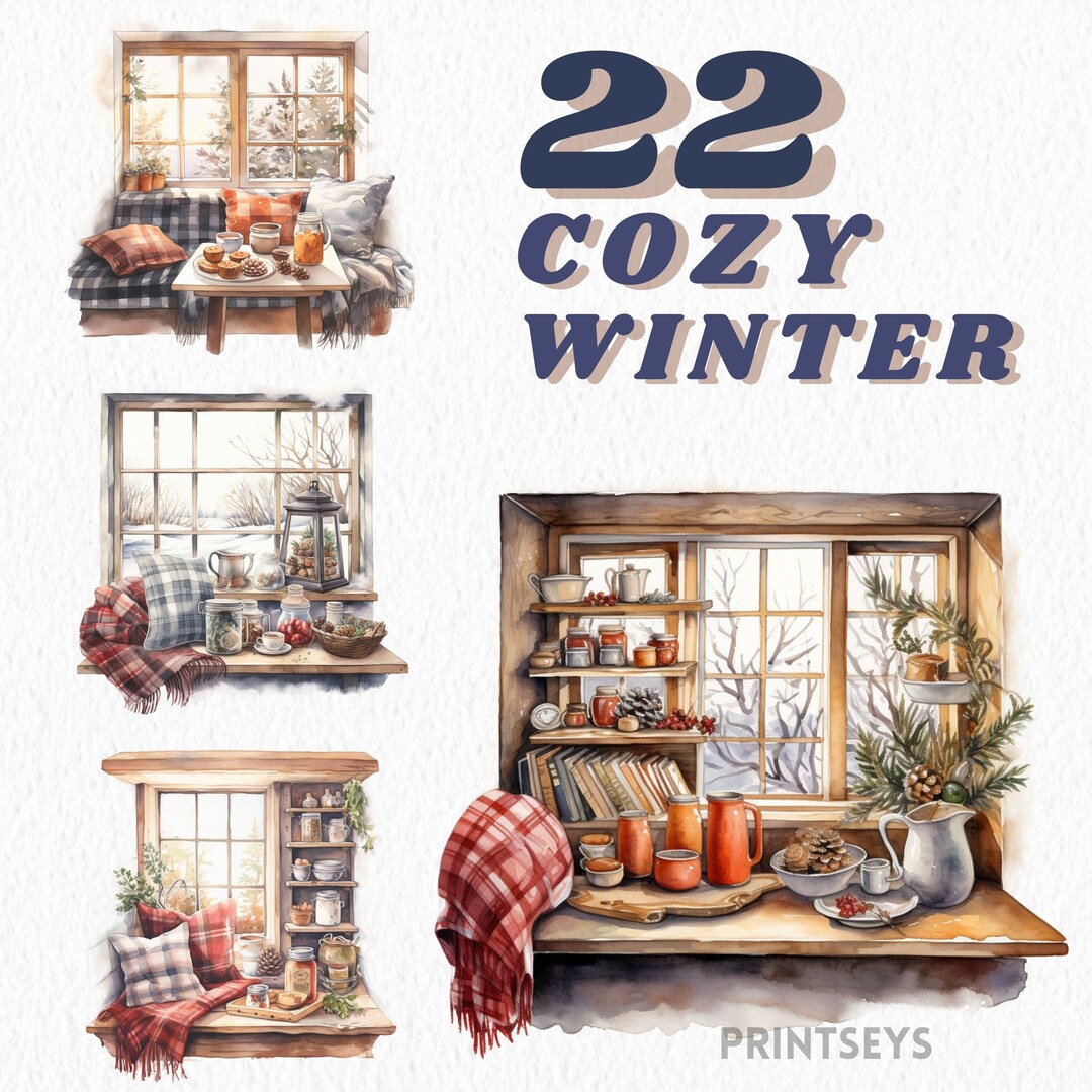 Watercolour Cozy Winter Kitchen Window Clipart Bundle, Snowy Clipart ...