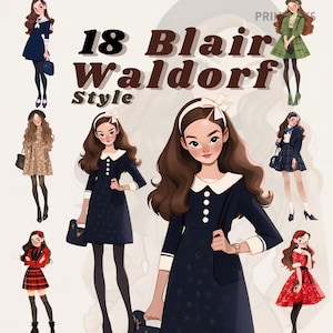 Pacote de clipart de roupas inspiradas em Blair Waldorf, estilo formal png, uniforme escolar, fofoca, boneca de papel, transparente, download instantâneo, y2k,