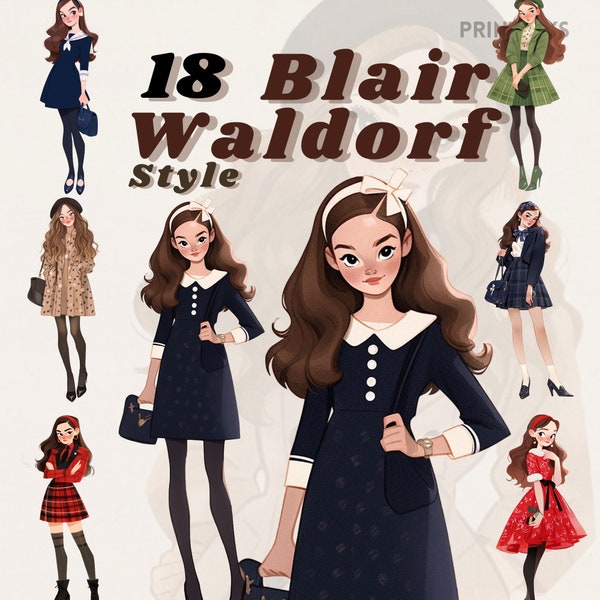 Blair Waldorf inspired outfits clipart bundle, preppy style png, school uniform, gossip, paper doll, transparent, instant download, y2k,