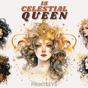 Watercolour Celestial Queen clipart bundle, whimsical, mystery, galaxy and stars, fantasy clipart, instant download