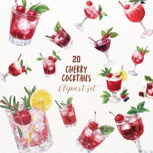 May include: A set of 20 watercolor illustrations of cherry cocktails. The illustrations feature various styles of glasses, garnishes, and cherries. The text "20 CHERRY COCKTAILS Clipart set" is included in the image.