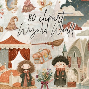 Könnte beinhalten: Eine Sammlung von 80 digitalen Illustrationen mit zauberhaften Elementen, darunter ein Schloss, ein Bett mit roten Vorhängen, ein Besen, ein Koffer, ein Blumenstrauß, eine weiße Eule und zwei junge Figuren in Roben und Schals mit dem Text 80 clipart Wizard World.