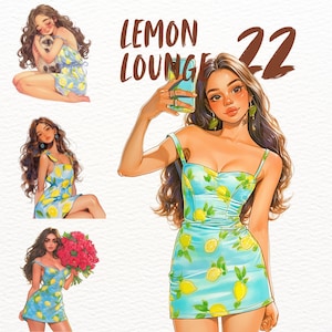 Conjunto de clipart de meninas da moda com estampa de limão aconchegante de verão, adesivos PNG de moda aconchegante, download digital do conjunto Relax Lounge, gráficos estéticos femininos